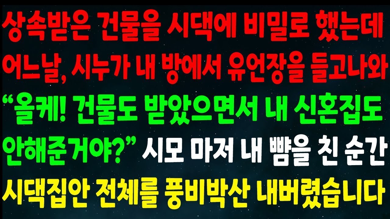(반전신청사연)상속받은 건물을 시댁에 비밀로 했는데 시누가 내 방에서 유언장을 들고와 '올케 건물 받았으면서 내 신혼집 안해준거야.'시모가 내뺨을 친 순간 시댁을 풍비박산 냈습니다