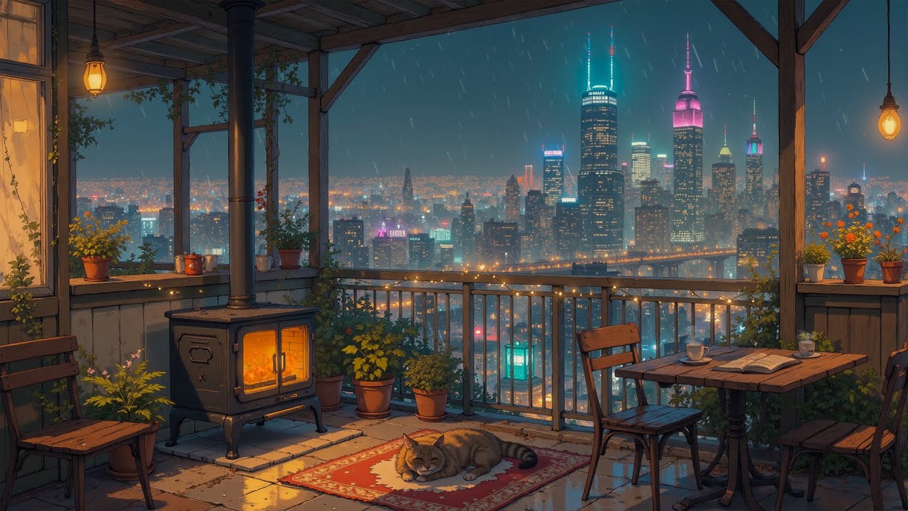 🐾 Cozy Balcony in Tokyo Rain 🌧️ Lofi Chill with Cat, Gentle Rain & Soothing City Glow