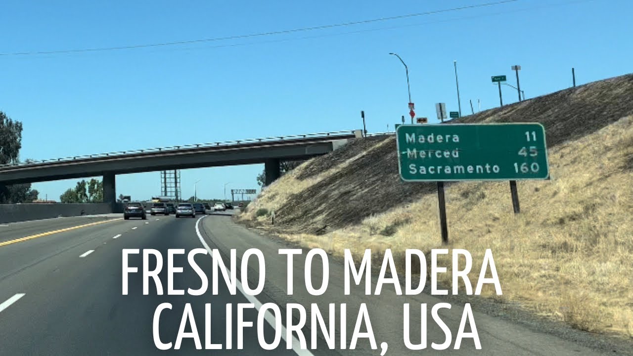 Driving from Fresno to Madera, SR-99 North, California, USA
