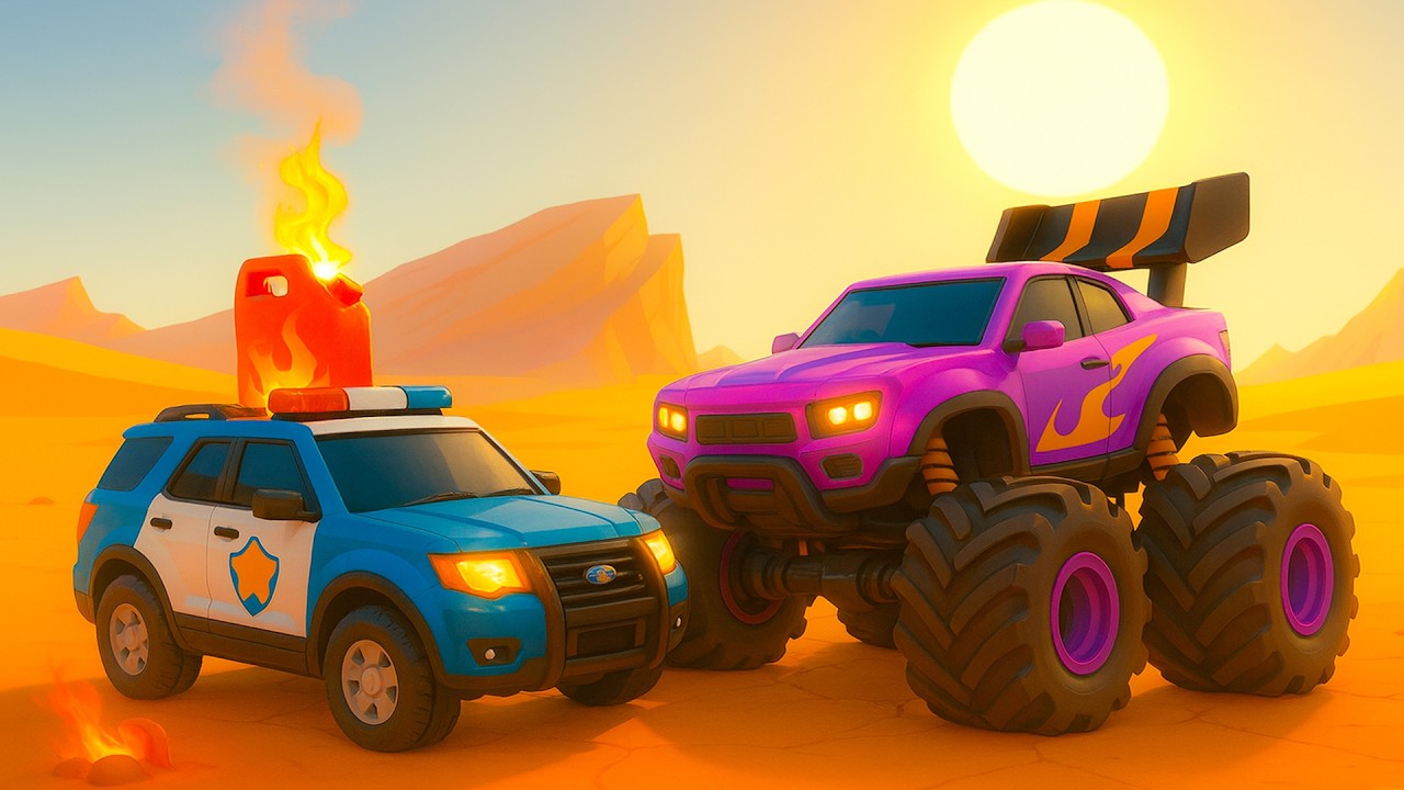 Police Car vs Giant Monster Truck 🚨 Desert Showdown Begins | Vehicle Animation