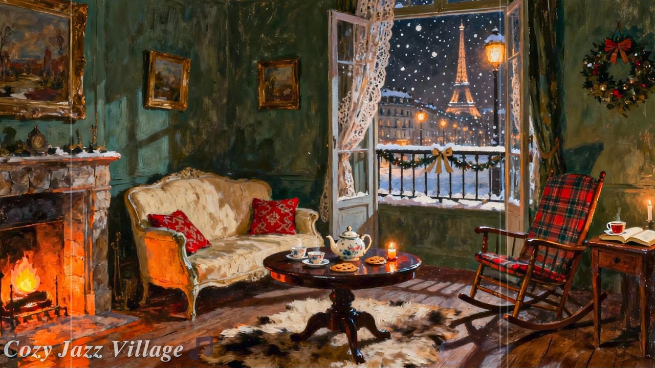 Warm Snowy Winter Evening 1950s ❄️ Vintage Jazz Oldies Playing in Another Room | Cozy Relax Ambience
