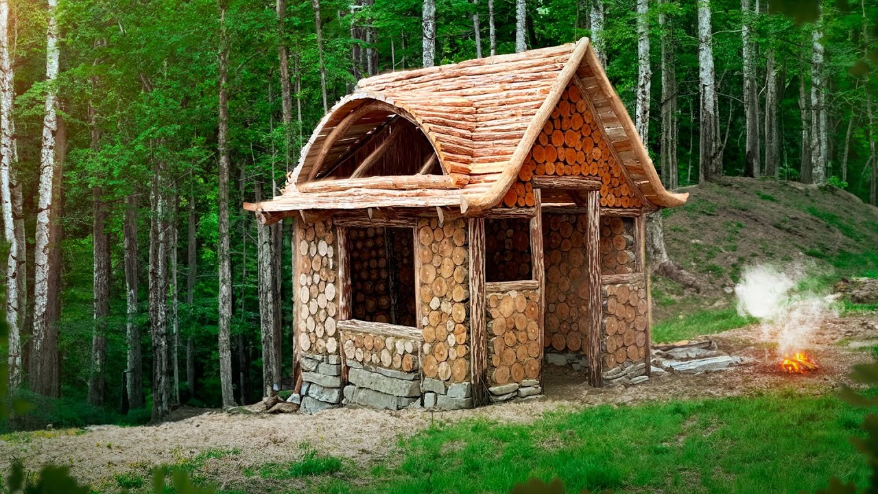 Do-it-yourself wooden house. Bushcraft construction in nature