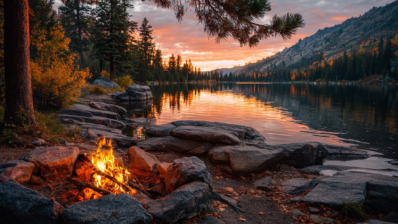 🔥 Autumn Lakeside Campfire Ambience 🌅 | Campfire, Forest Birds & Calm Lake Sounds | 3-Hour ASMR