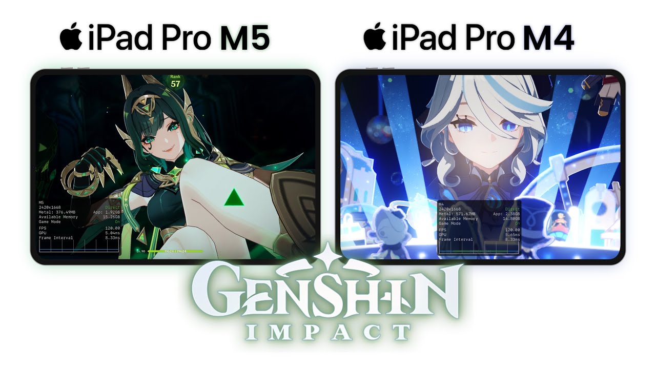 M5 iPad Pro против M4 iPad Pro в Genshin Impact при включенной частоте 120 FPS.