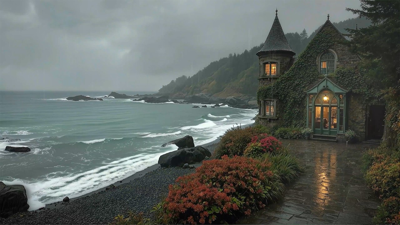 Solitary Cliffside Cottage | Rainy Dark Academia Soundscape for Study & Reflection