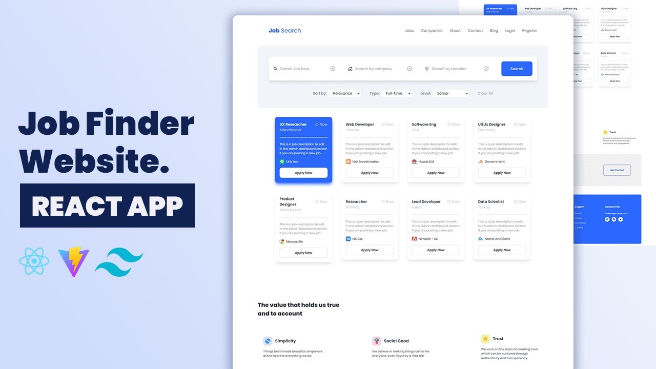 🔍 React JS Tutorial with Tailwind CSS - JOB FINDER APP | Download Full Source Code.