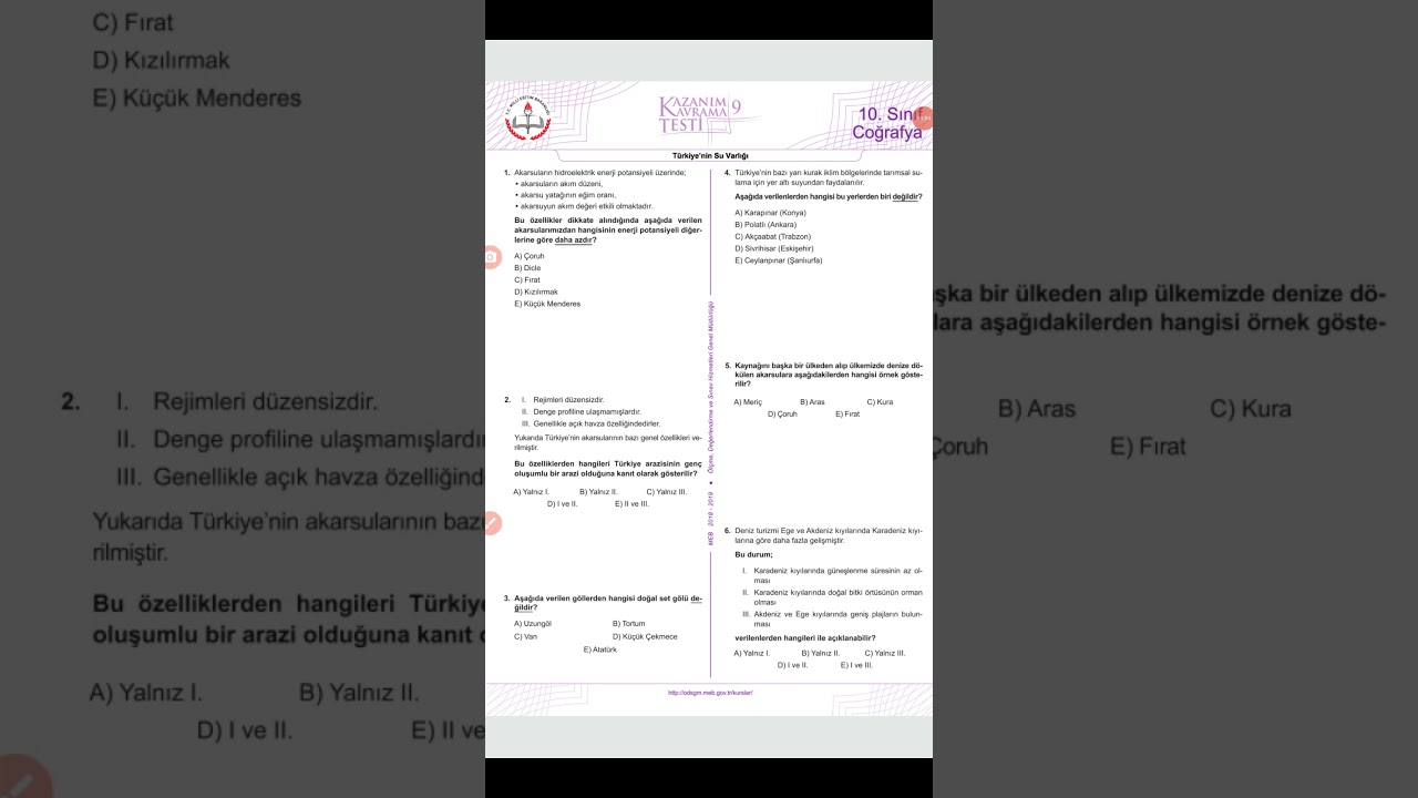 10. Sınıf MEB kazanım testi 9 (Türkiye'nin Su Varlığı)