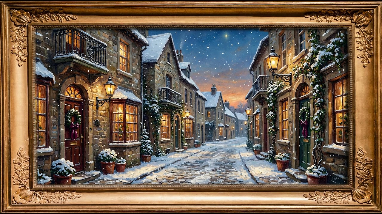 Old Money Winter Village Aesthetic | Snowy Cobblestone Evening Oil Painting | Victorian Art 4K