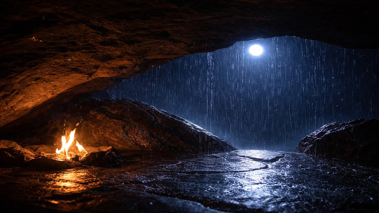 Soft Rain Sounds in a Dark Cave at Night 🌧️🔥 | Fall Asleep Fast | 1 Hour