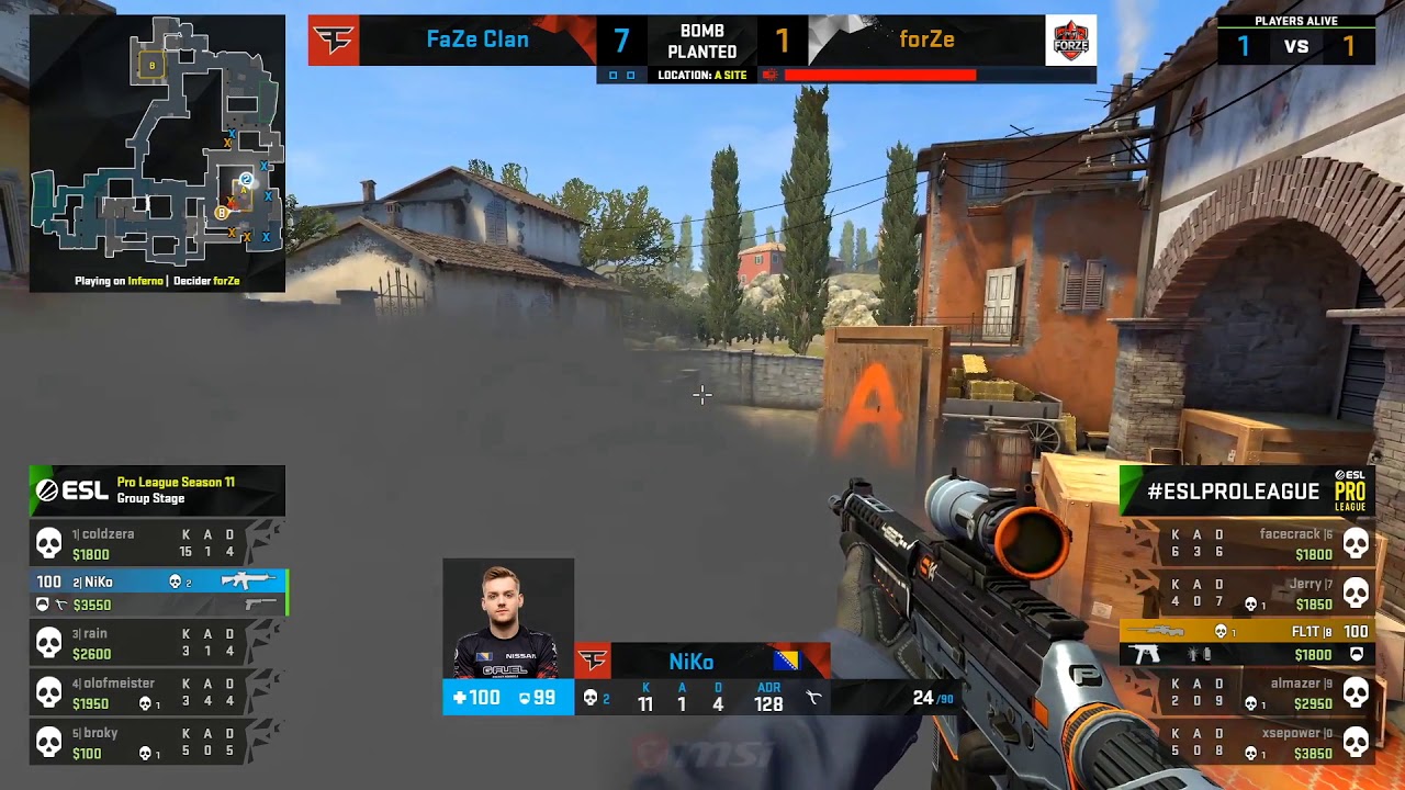 CSGO NiKo 1v3 Cluch | Faze vs ForZe | ESL pro league season 11