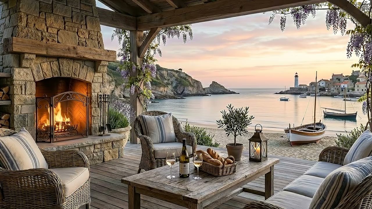 Coastal Fireplace & Smooth Jazz Ambience 🌊 | Relaxing French Seaside Terrace at Sunset