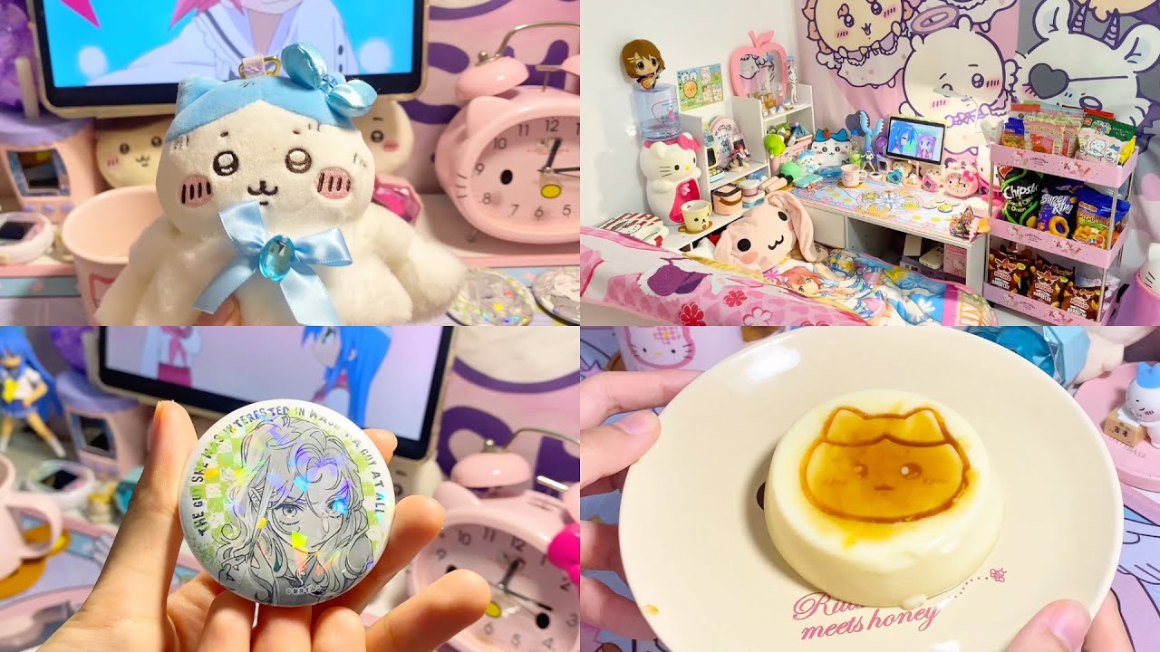 my pink room tour ! 🍮 chiikawa pudding, green yuri haul ☘️