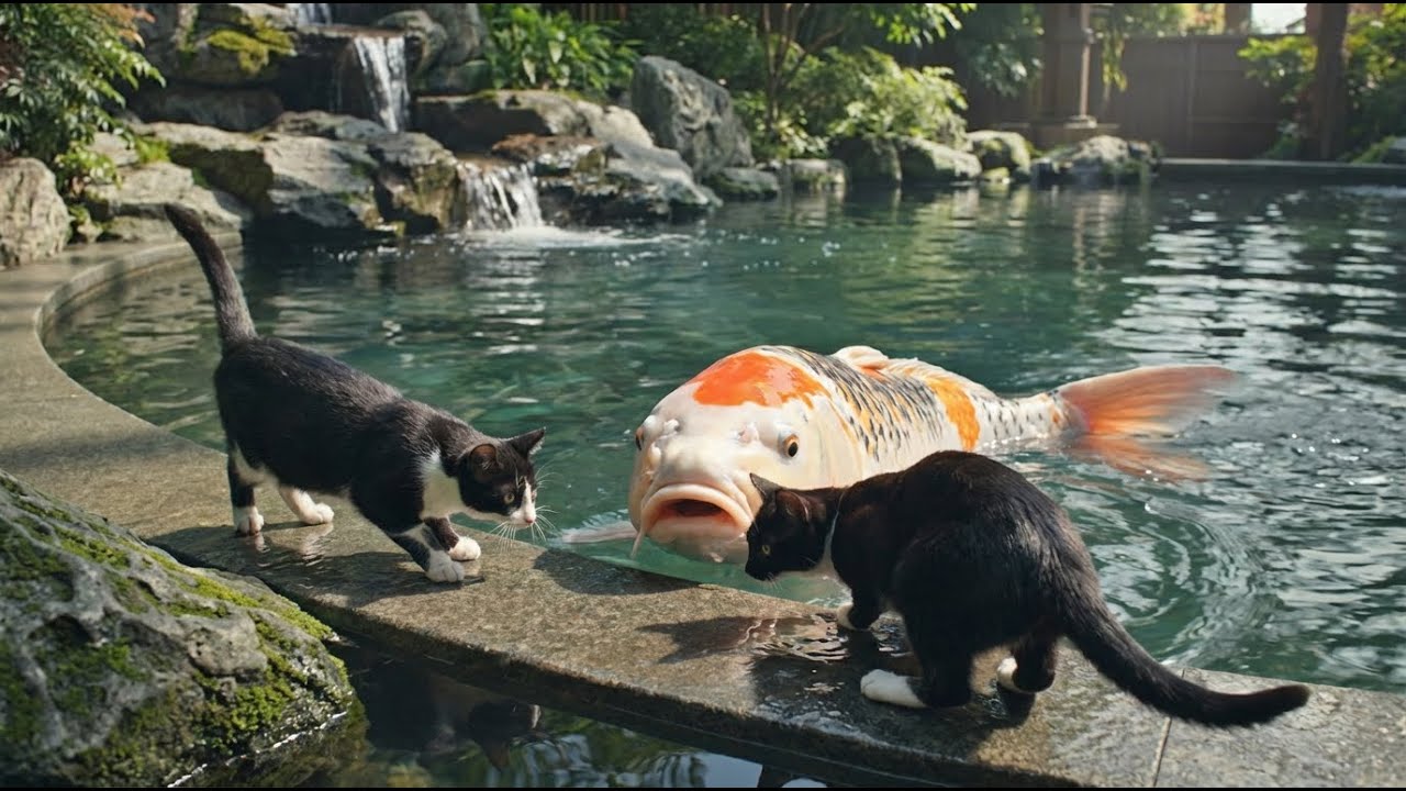 Beautiful Giant Fish and the Curious Cats Watching Them