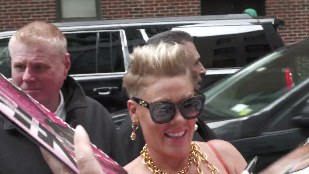 Pink arriving to sing on the stage at the Colbert Show.