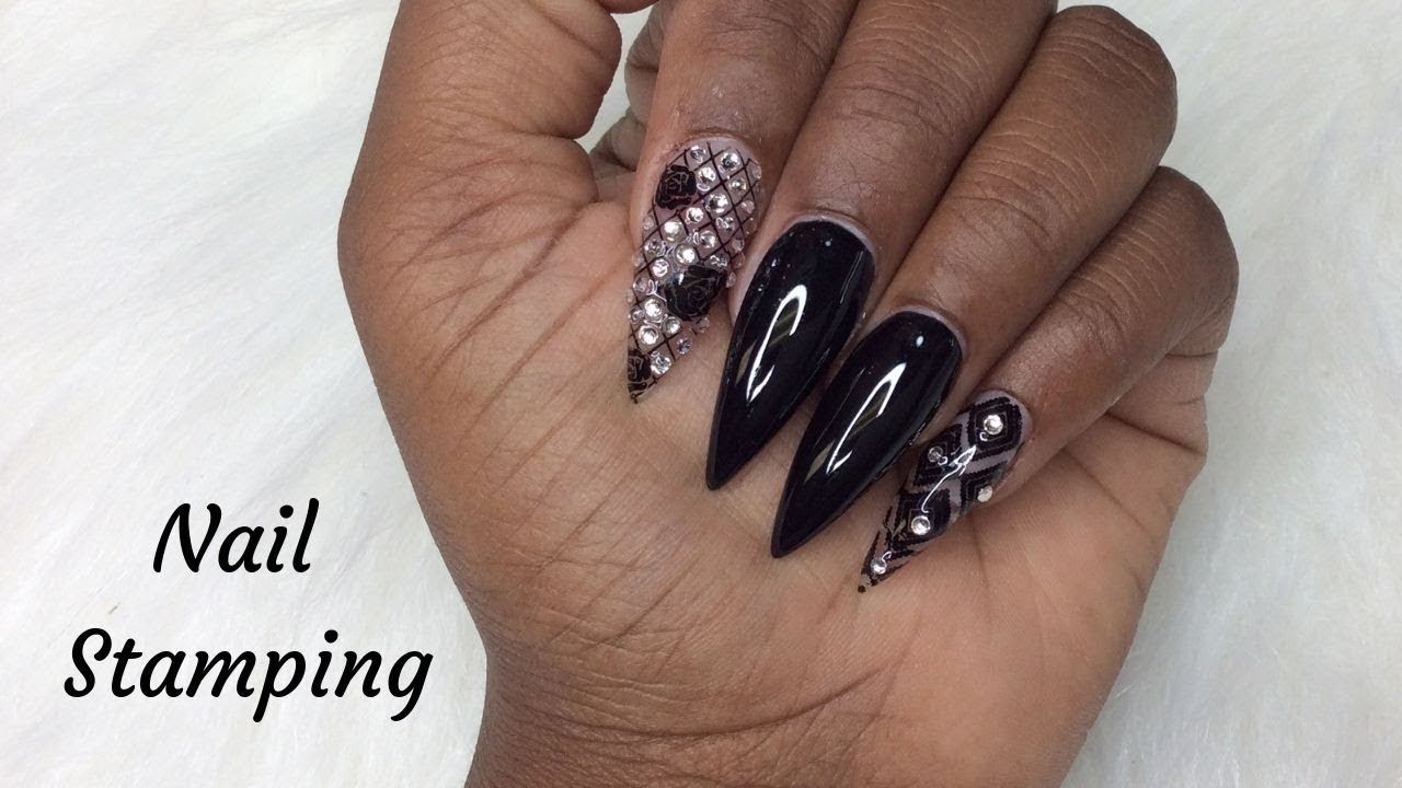 Nail Stamping / Black Stiletto Nails