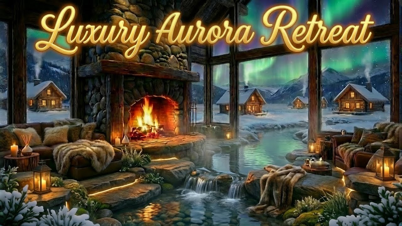 Luxury Aurora Retreat ✨ Cozy Fireplace & Winter Stream Ambience for Deep Relaxation