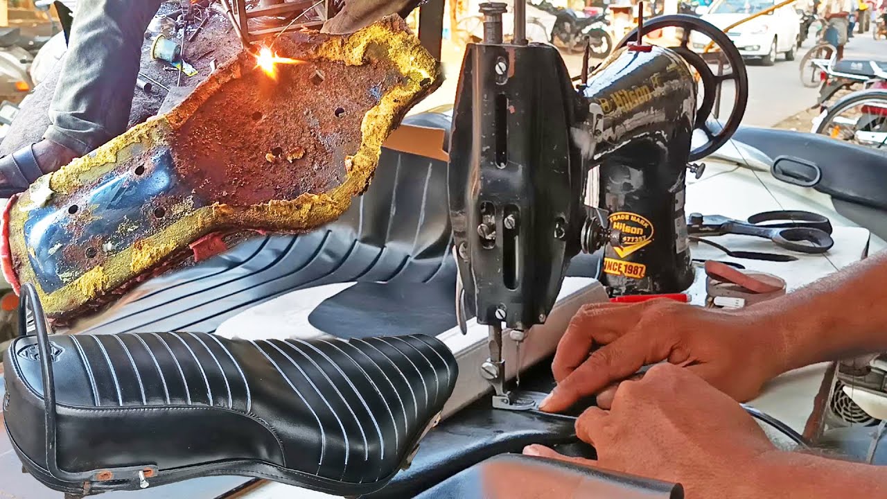 Royal Enfield bike seat cover stitching restoration using machine | Small Scale Industry