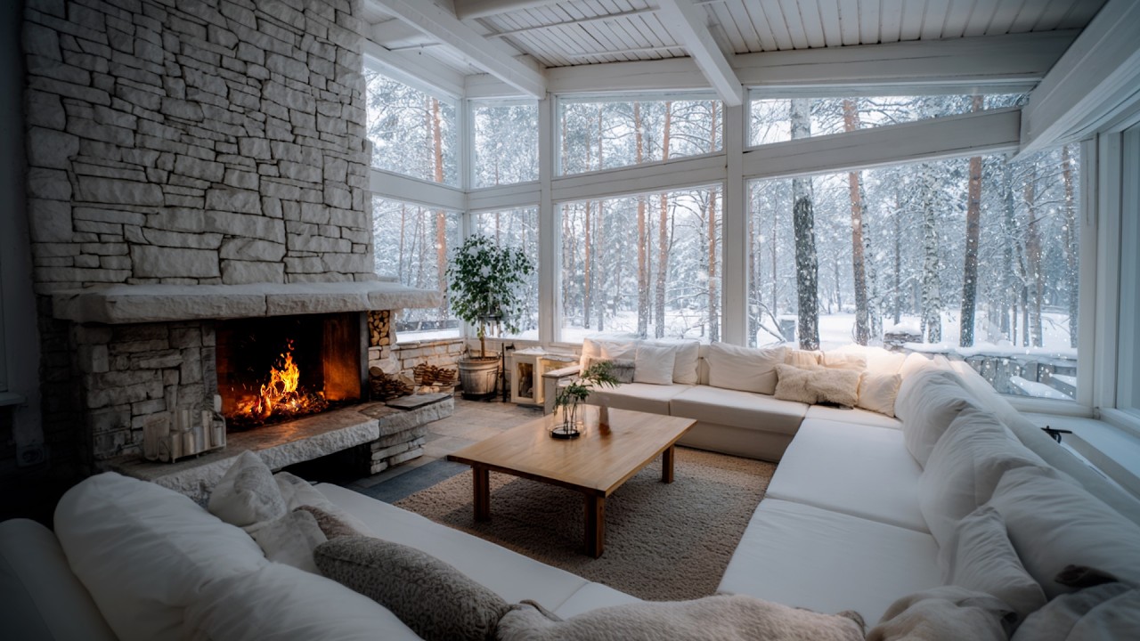 Cold Winter Sunrise and Gentle Fireplace Sounds | Warm Cozy Room for Rest and Relax