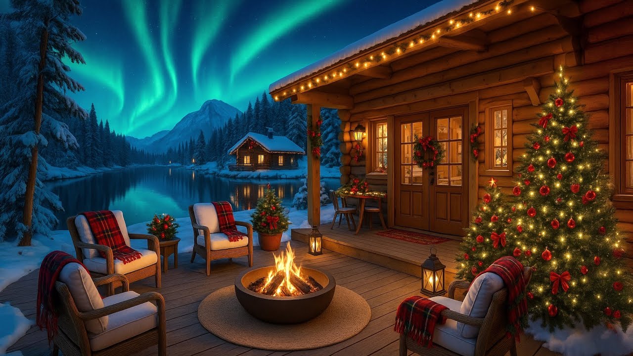 Cozy Cabin Porch under Northern Lights 🌌 | Fireplace Sound & Snowy Forest Ambience