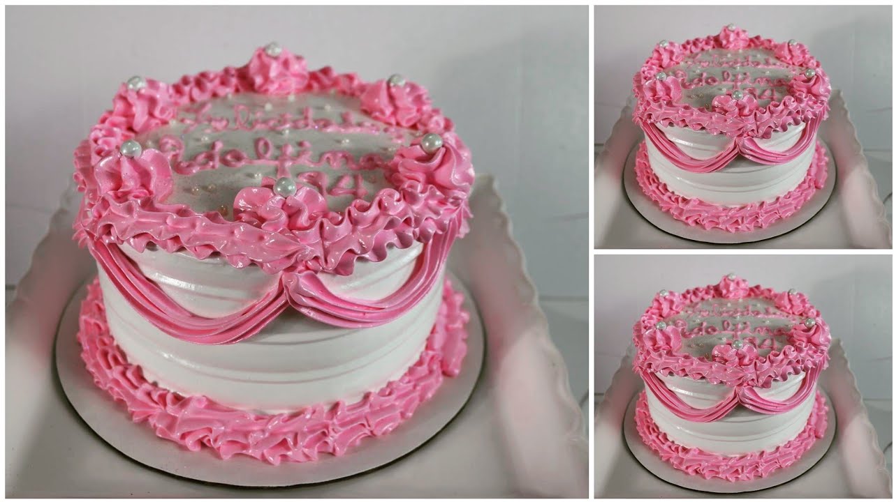 Pastel redondo rosado y blanco de merengue suizo.