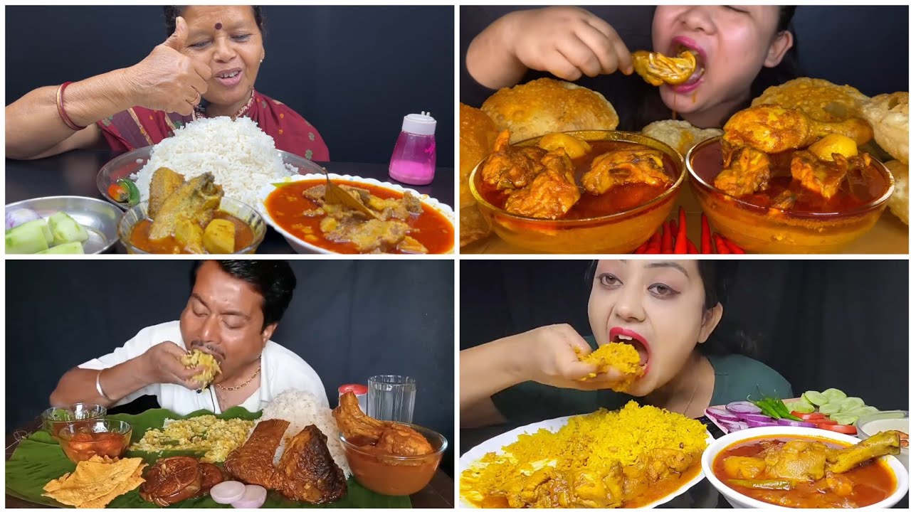 Asmr🔥Eating🍖 Mutton Curry, Spicy 🥵Chicken Curry, Vetki Macher Jhol with Basanti Pulaw & Rice🤤😋