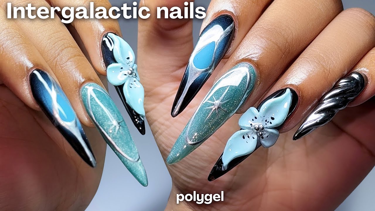 Intergalactic nails 🫧👽🩵 polygel nail extensions + long almond nails 🦠Gemini horoscope