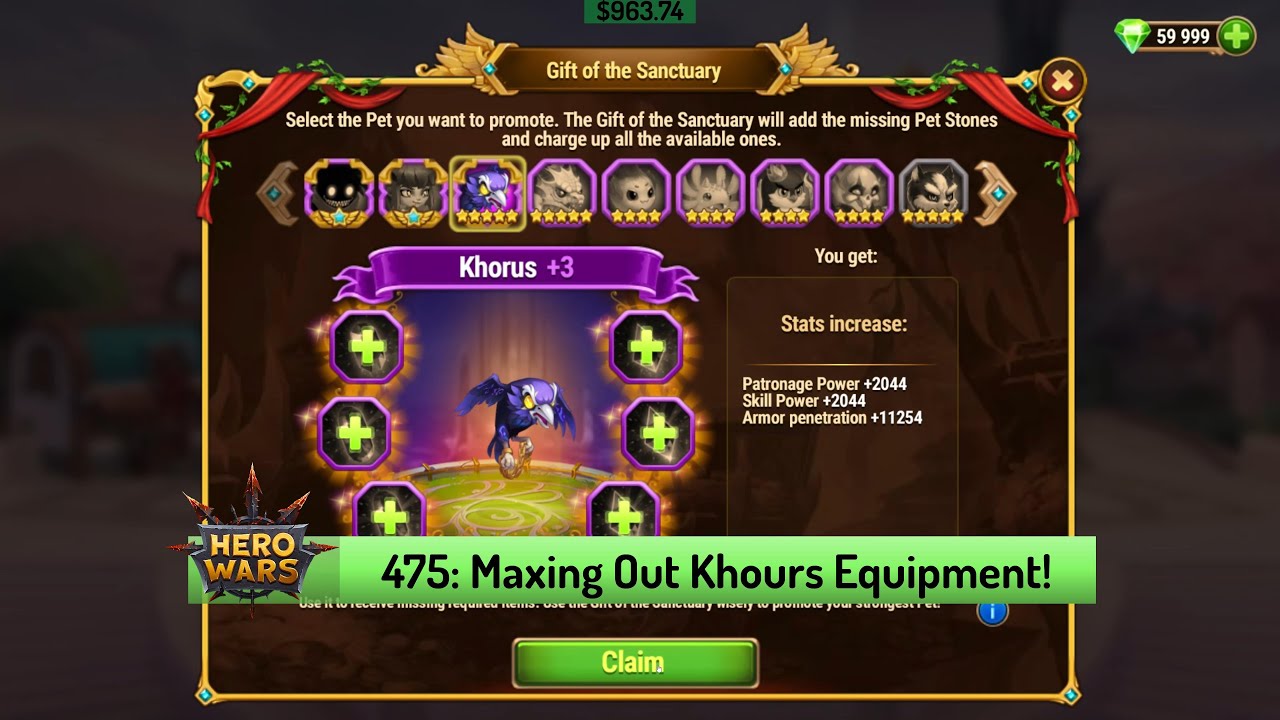Let's Play Hero Wars 475: Using Gift of the Sanctuary on Khorus to Max Out His Items