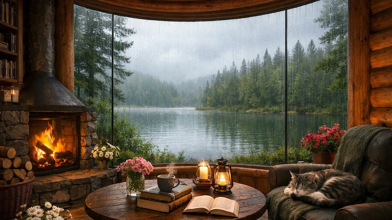Rainy Night in a Cozy Cabin by the Lake | Fireplace, Sleeping Cat & Relaxing Rain Sounds (3 Hours)