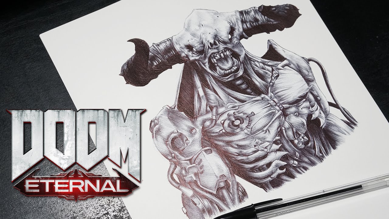 THE TYRANT CYBERDEMON - Ballpoint Pen Drawing / Doom Eternal