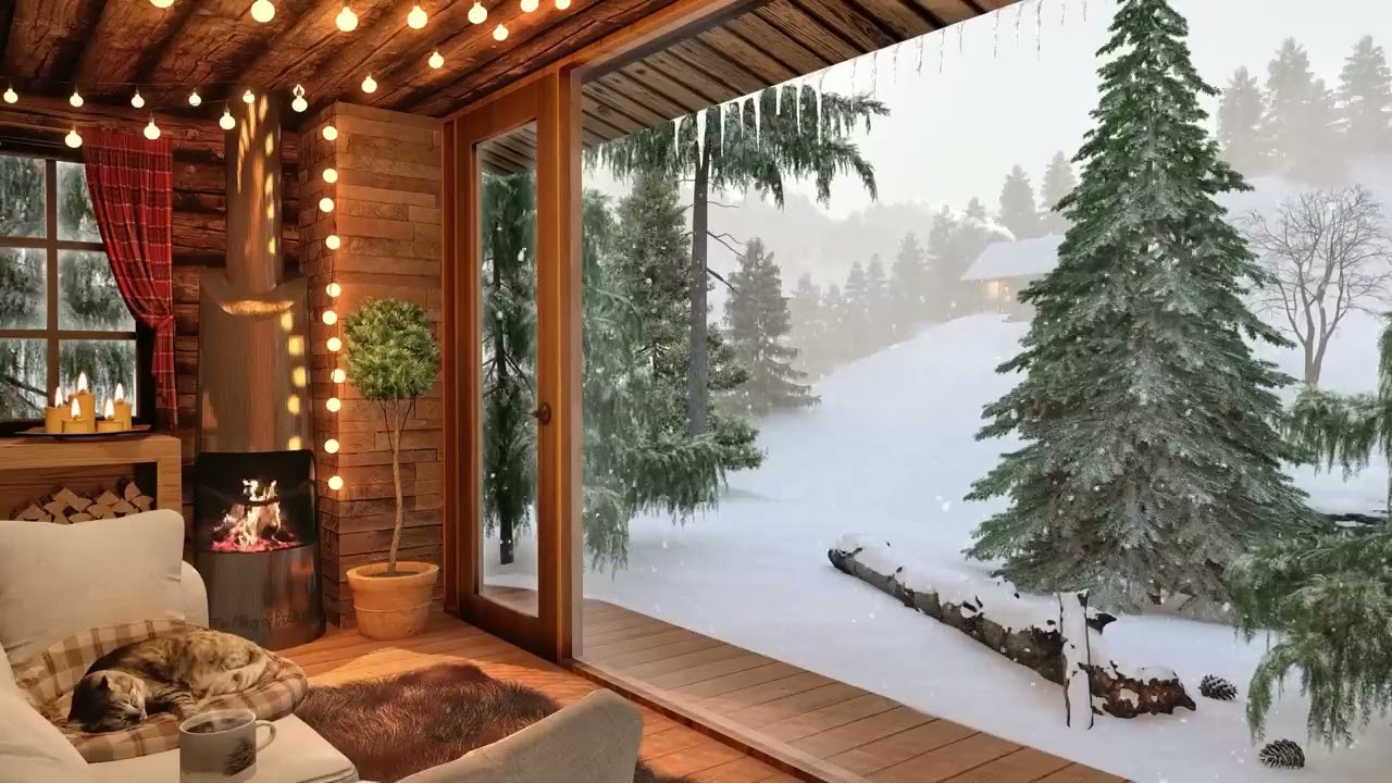 Winter Cozy Cabin in Snowfall with Crackling Fireplace Sound, Relaxing Wind & Snow Falling Ambience