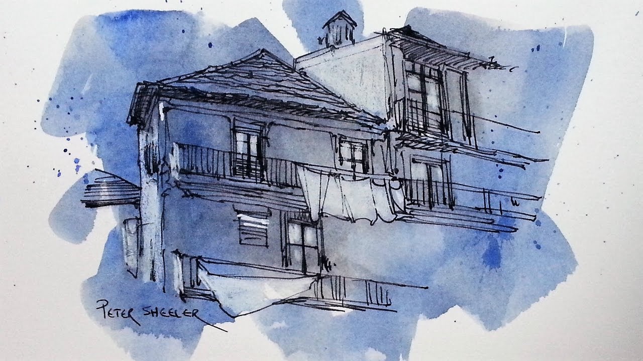 Pen and Soluble Ink Sketching on Painted Paper. Adding White Highlghts. Peter Sheeler
