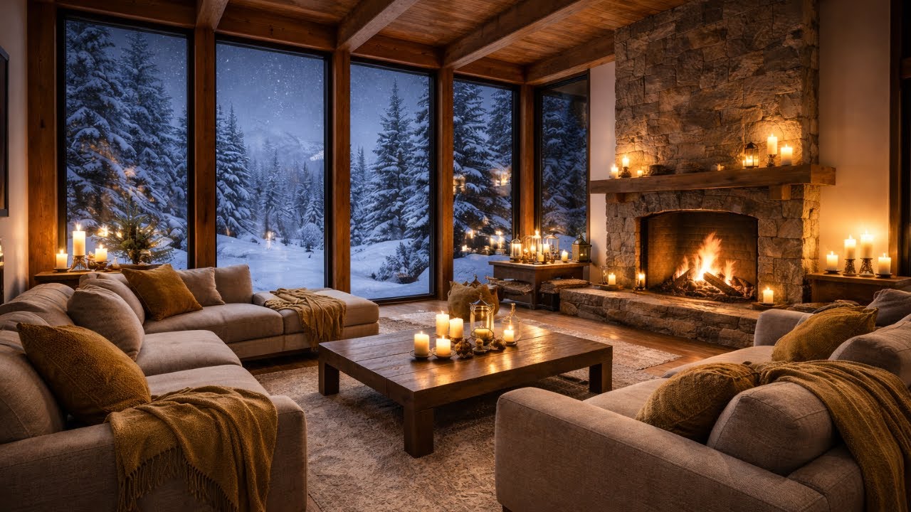 Cozy Winter Cabin Fireplace 🔥 Snowfall Outside | Relaxing Night Ambience for Study, Sleep & Chill