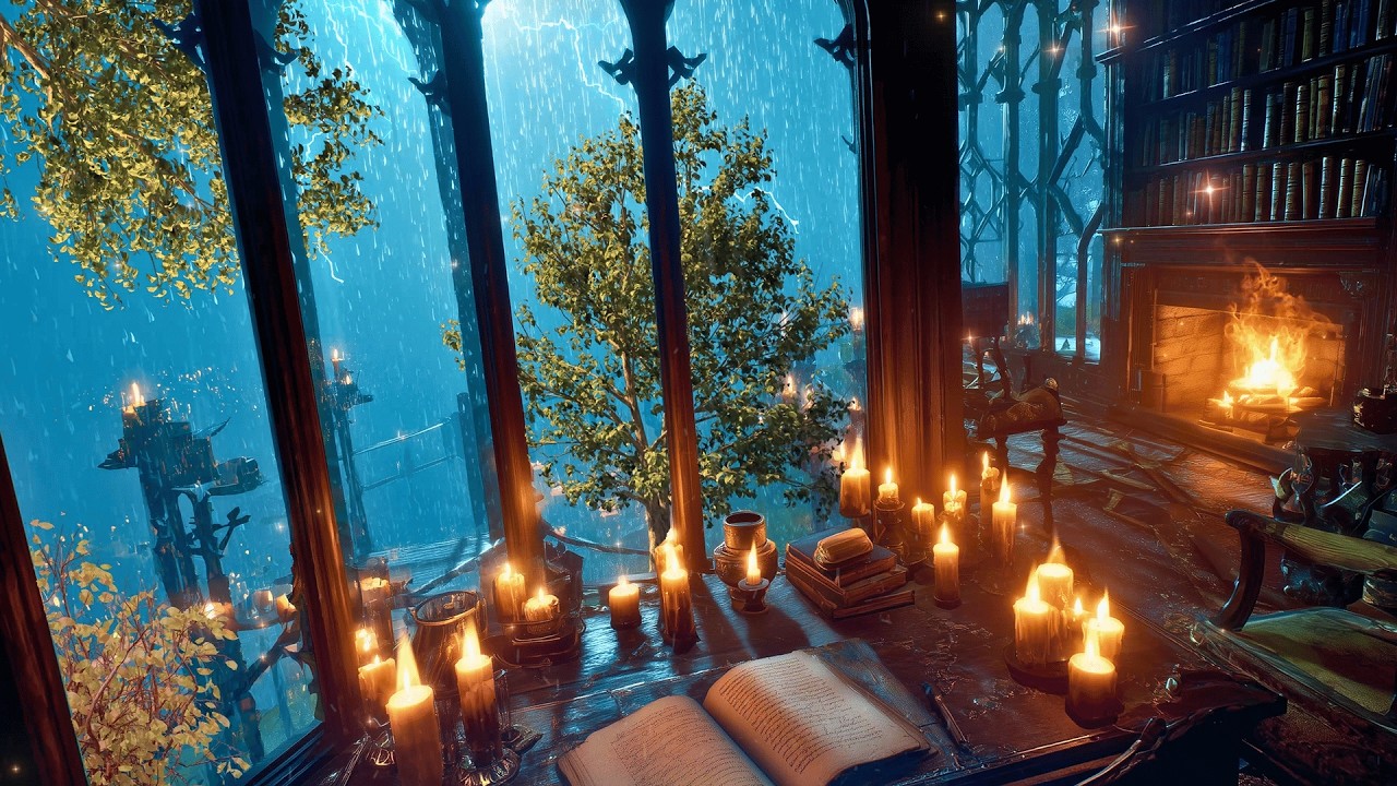 Dark Academia Library with Rain 🌧️ Arcane Fireplace Ambience for Studying