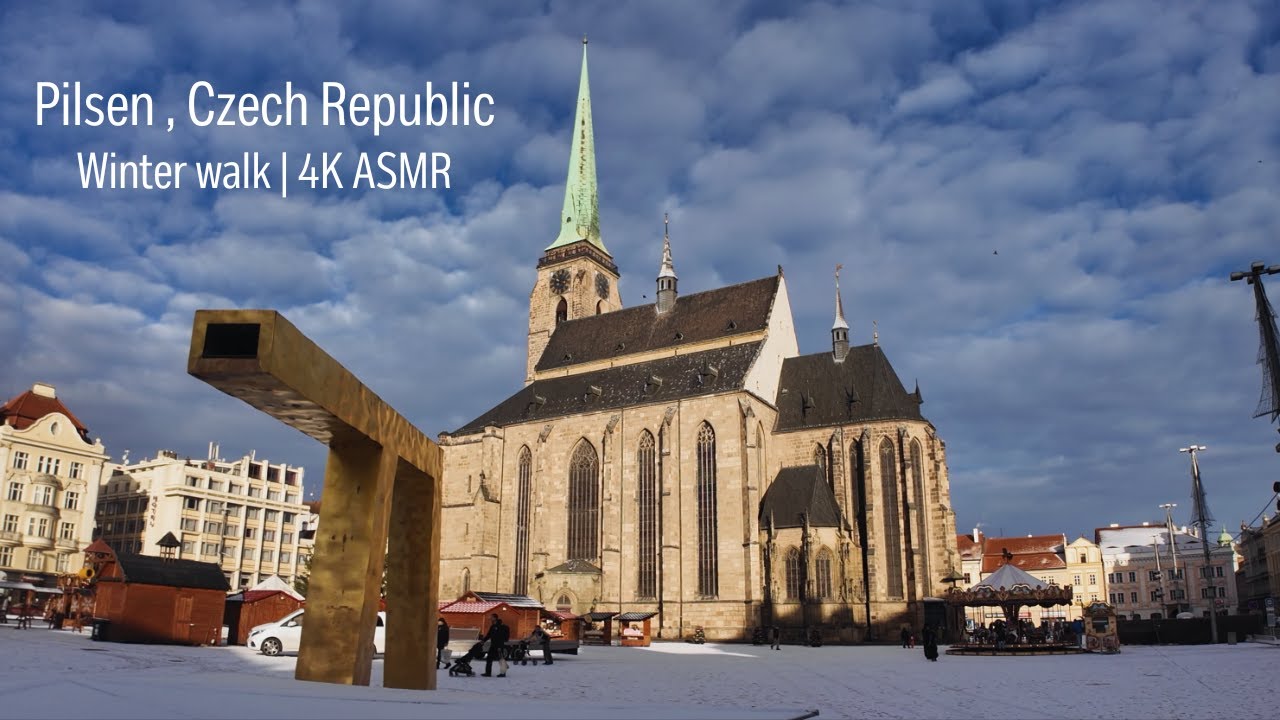 Wandering the streets of snowy Pilsen , Czechia | 4K ASMR Walking tour