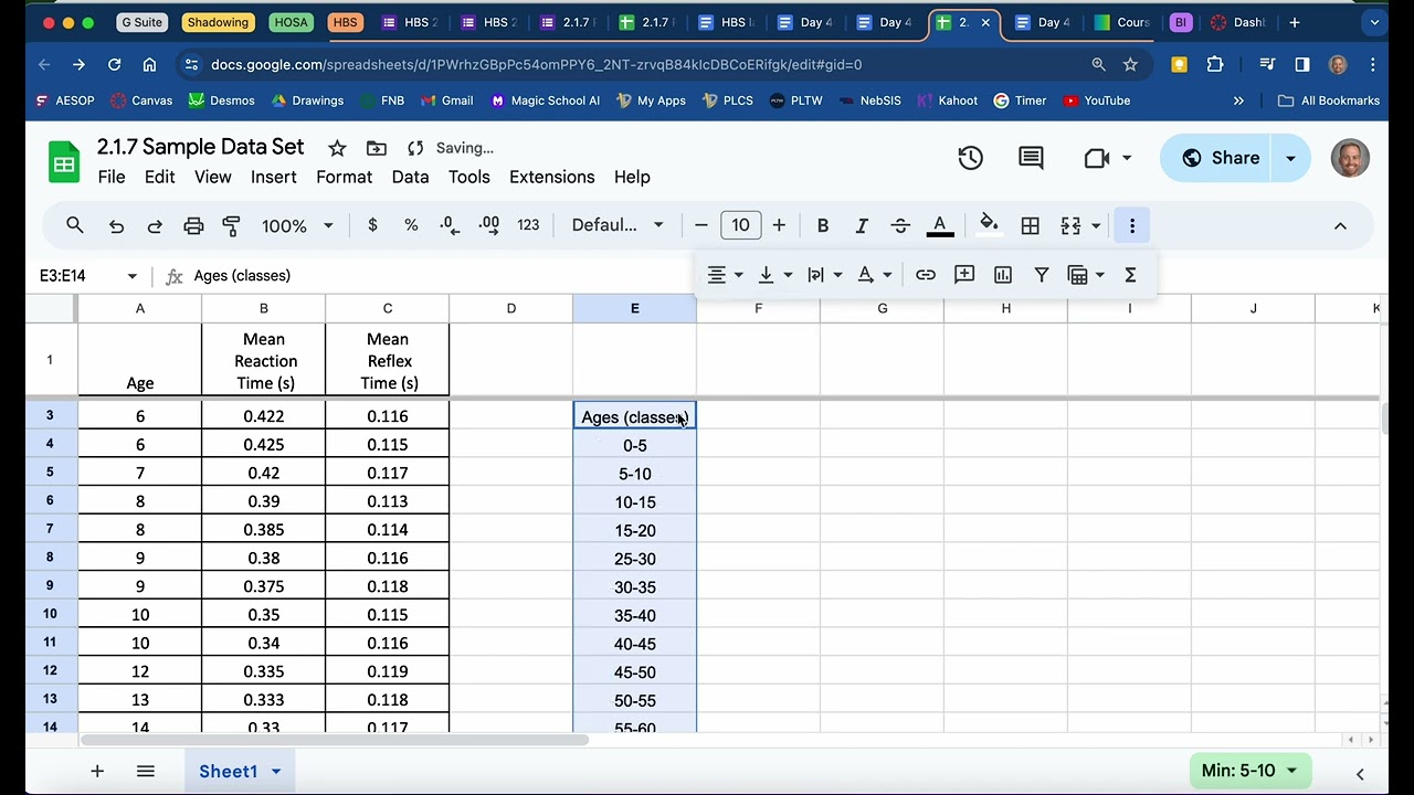 Organizing Data Into Classes and Framing in Google Sheets