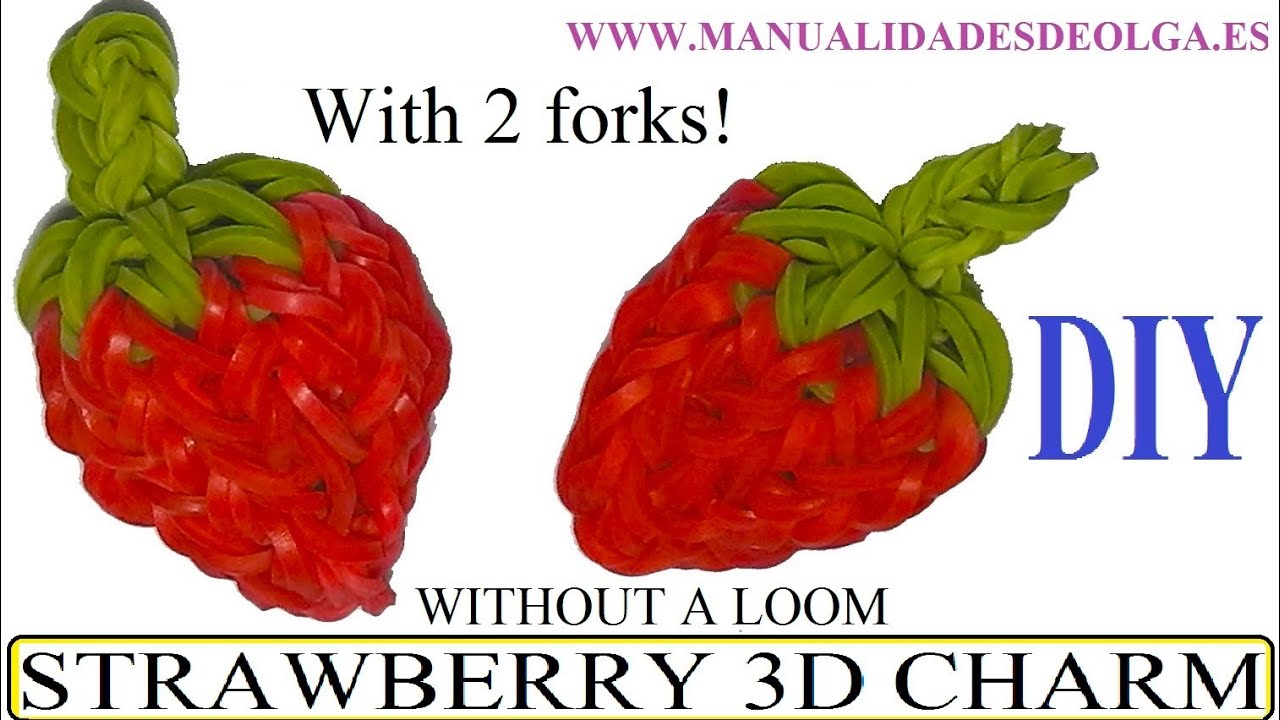 Strawberry 3D Charm With two forks without Rainbow Loom Tutorial. (Mini Figurine)