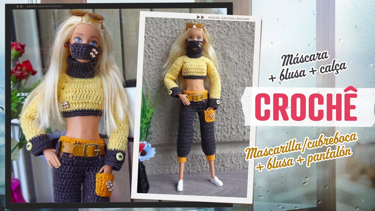 Roupa Moderna (Máscara, Blusa e Calça) de Crochê para Bonecas