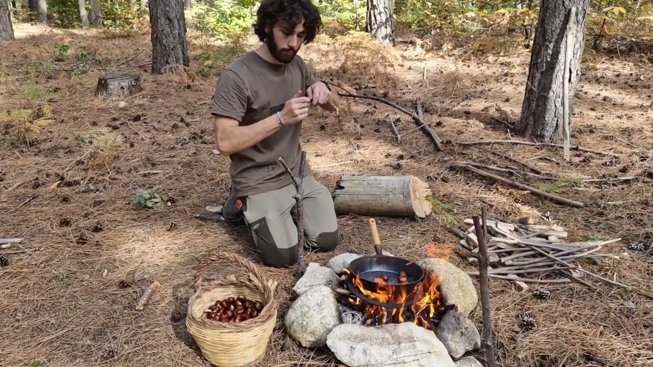 Solo bushcraft trip - roasted chestnuts and cooking in the woods