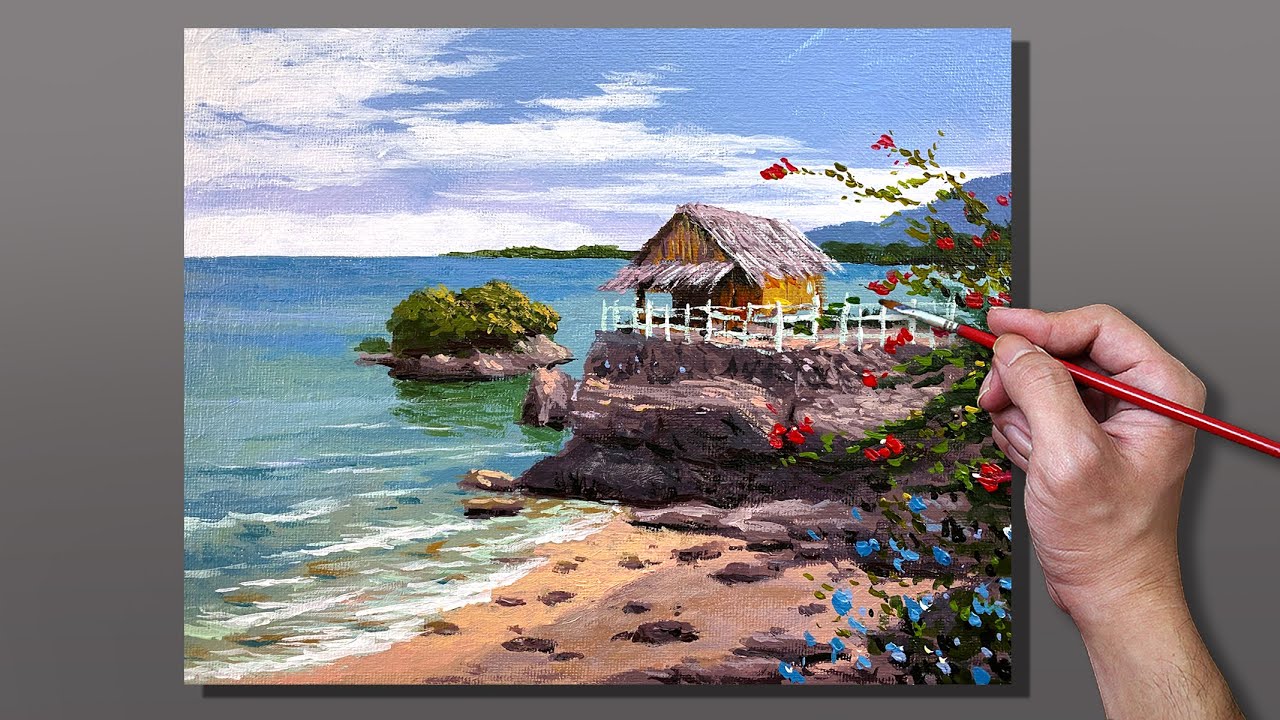 Acrylic Painting Beach Hut on the Seashore