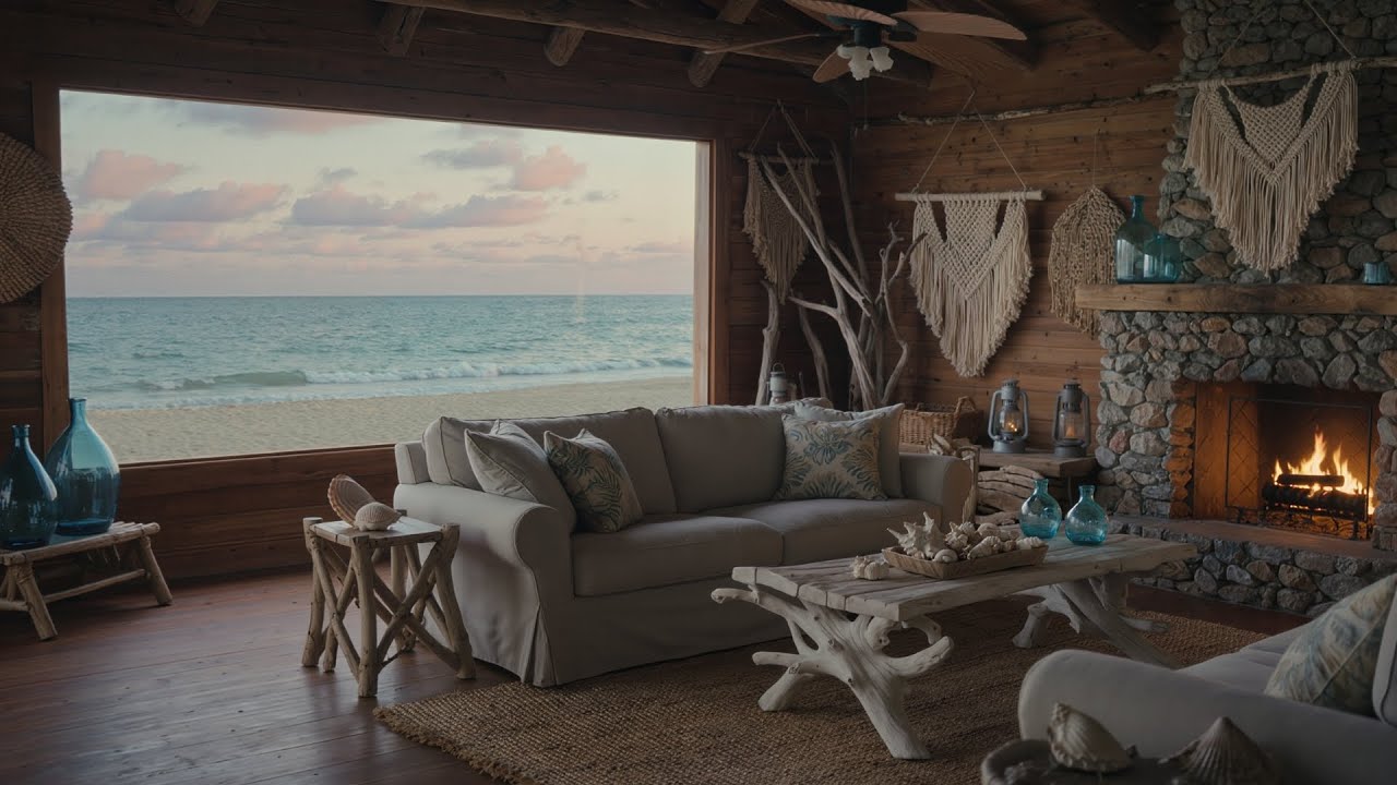 Peaceful Beach Cabin Fireplace 🔥🌊  Sunset Waves, Relaxing Ambience