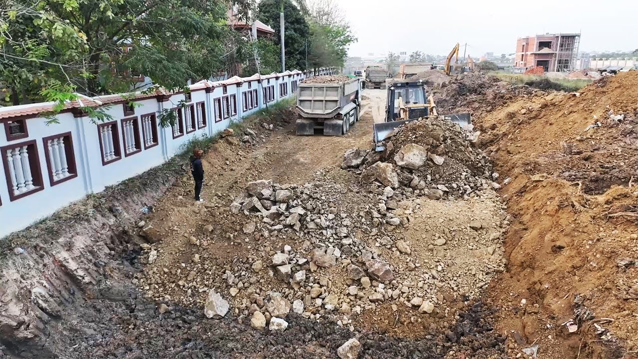 Excellence Work Operator Bulldozer Pushing Clearing Dirt Stone To Make Road Foundation In Village