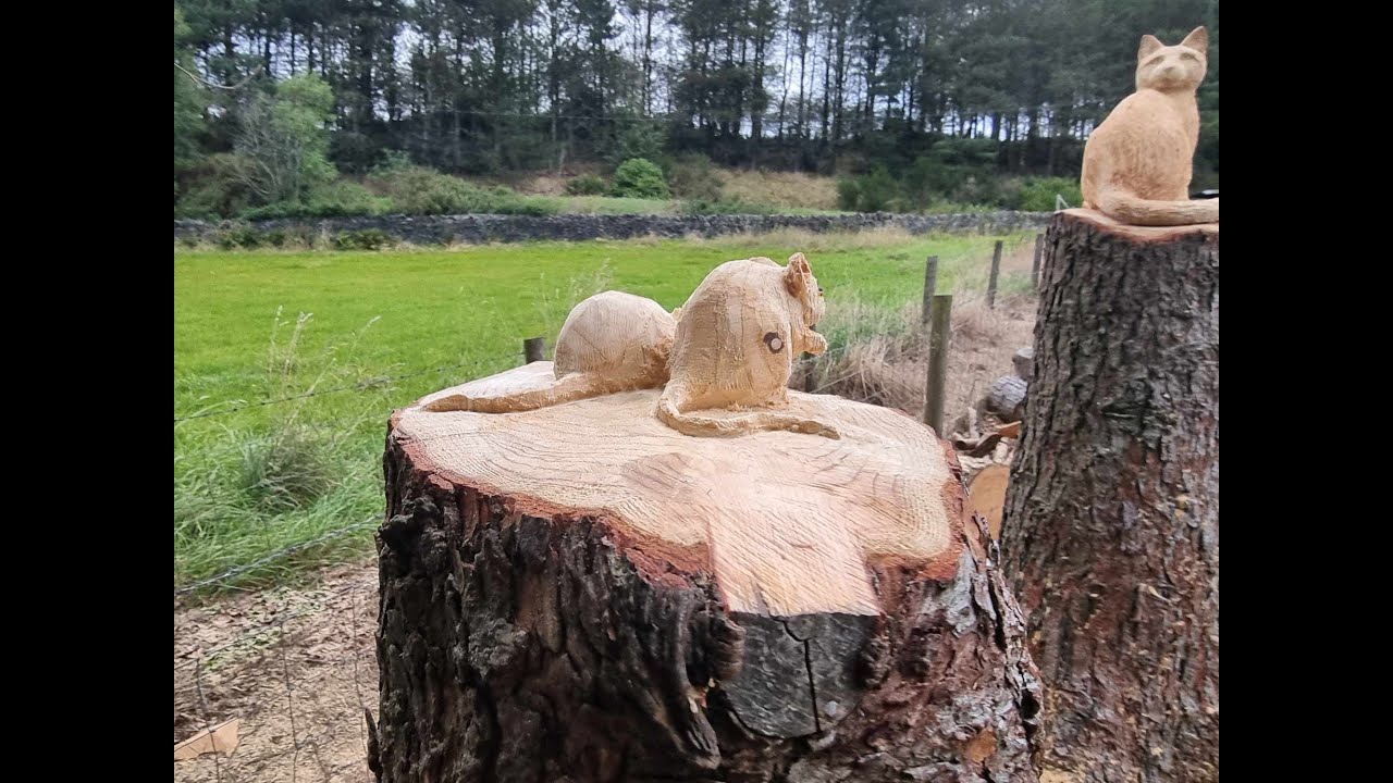 Cat and Mice Chainsaw carved by @mattdargechainsawpowercarv358