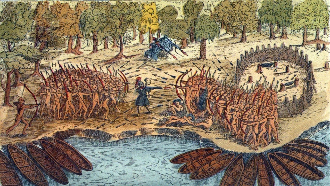 1609 Battle of Lake Champlain | Huron, Algonquin, Montagnais Warriors | Samuel Champlain (1567-1635)
