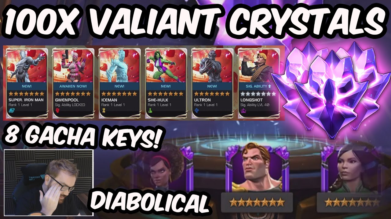 100x 7-звездочных кристаллов Valiant и 8 валентинок Gacha Keys - Marvel: Битва чемпионов