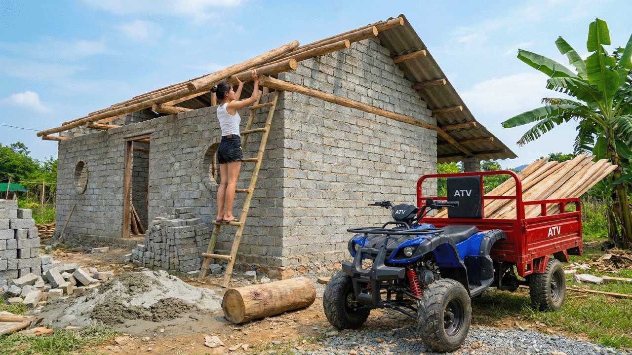 Building a New House After Years in the Forest, Using a 4 Wheel Vehicle to Transport Roof Timber