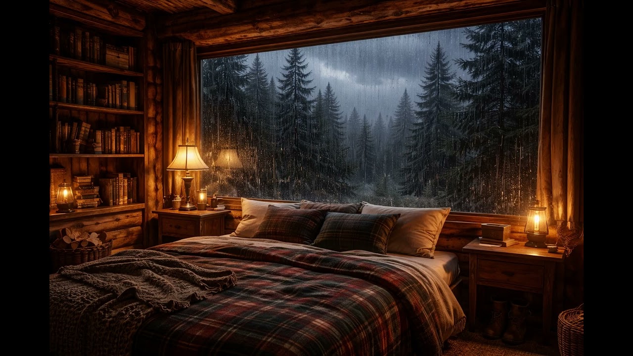 Rustic Cabin in the Forest Rain at Night 🌧️ Cozy Window Ambience for Sleep