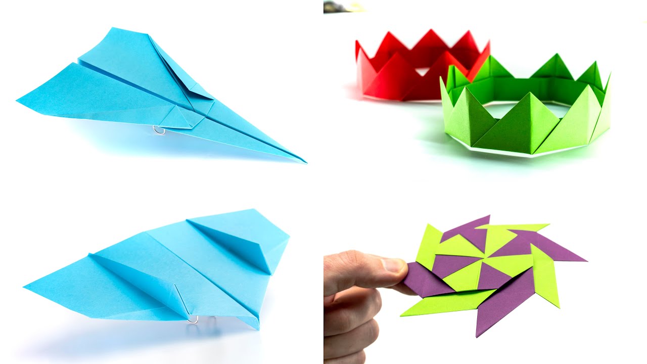 Cómo hacer un avión de papel, una estrella ninja y una corona. Origami.56