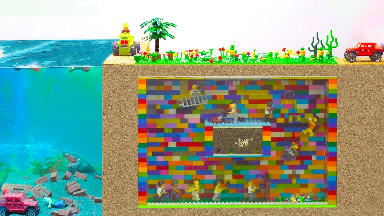 Lego Dam Breach Experiment - Tsunami Caused Flooding Underground Diamond Mine & Prison
