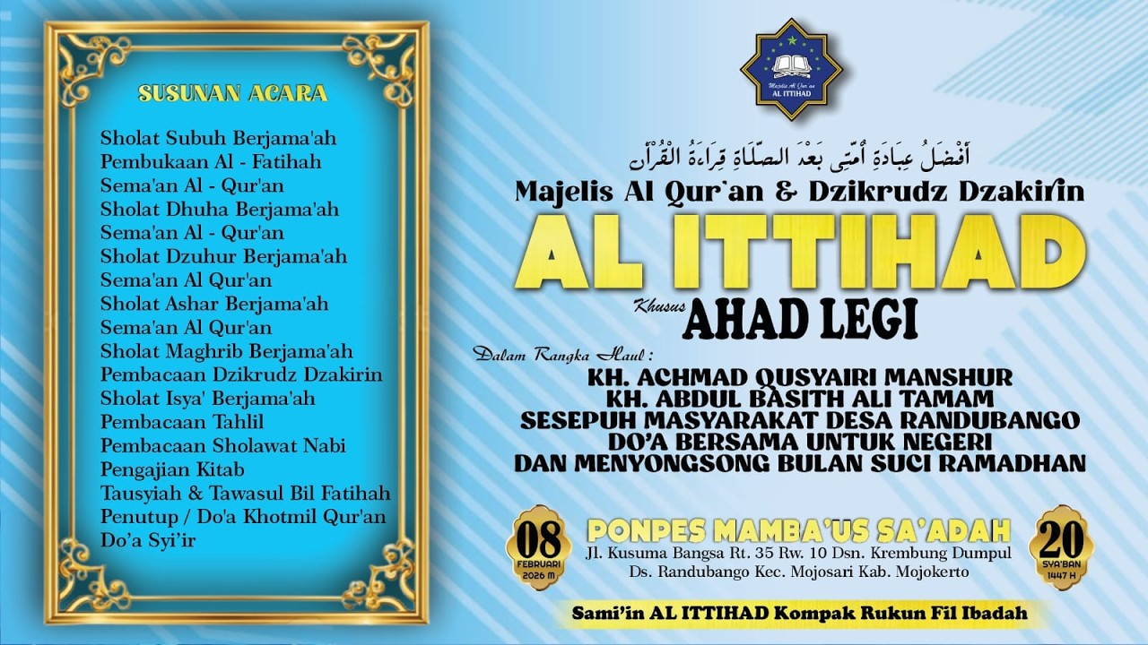 🔴LIVE-Majelis Al Qur'an & Dzikrudz Dzakirin AL ITTIHAD Khusus | AHAD LEGI | Mojosari | MOJOKERTO