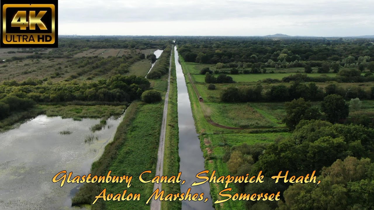 Glastonbury Canal, Shapwick Heath, Avalon Marshes, Somerset, UK By Drone -4K